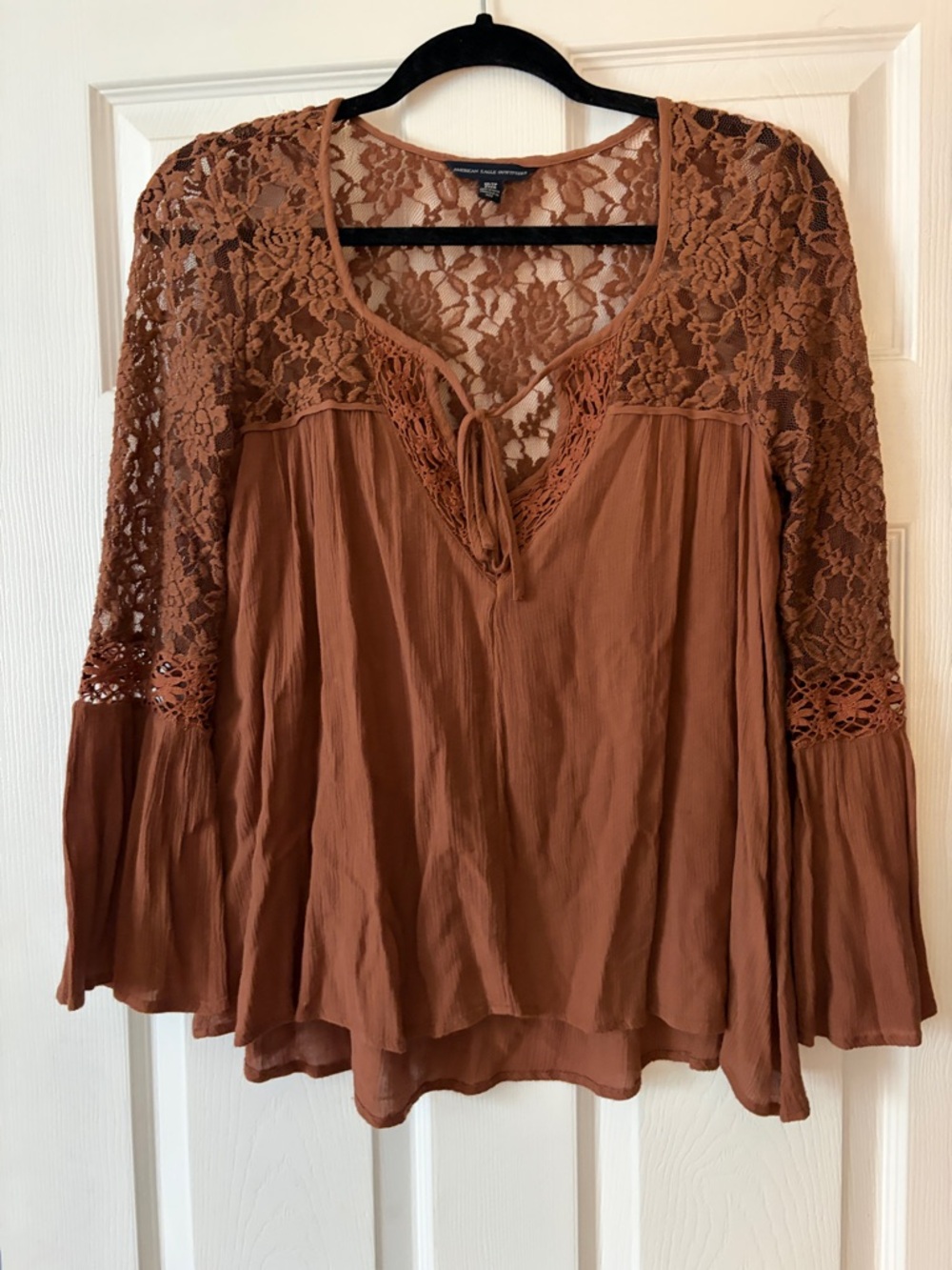 American Eagle Outfitters Rust Crochet Lace Bell Sleeve Blouse